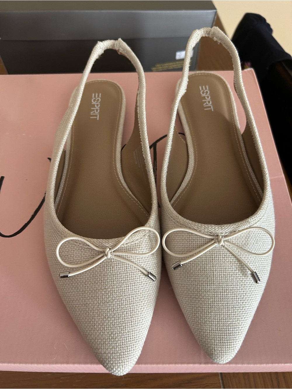 Esprit Cream Pointed-Toe Slingback Flats with Bow Accent